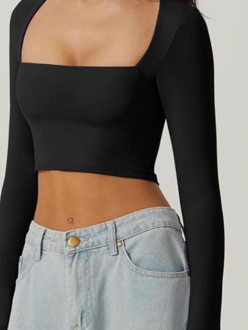 NWOT Black Ribbed Square-Neck Long Sleeve Crop Top